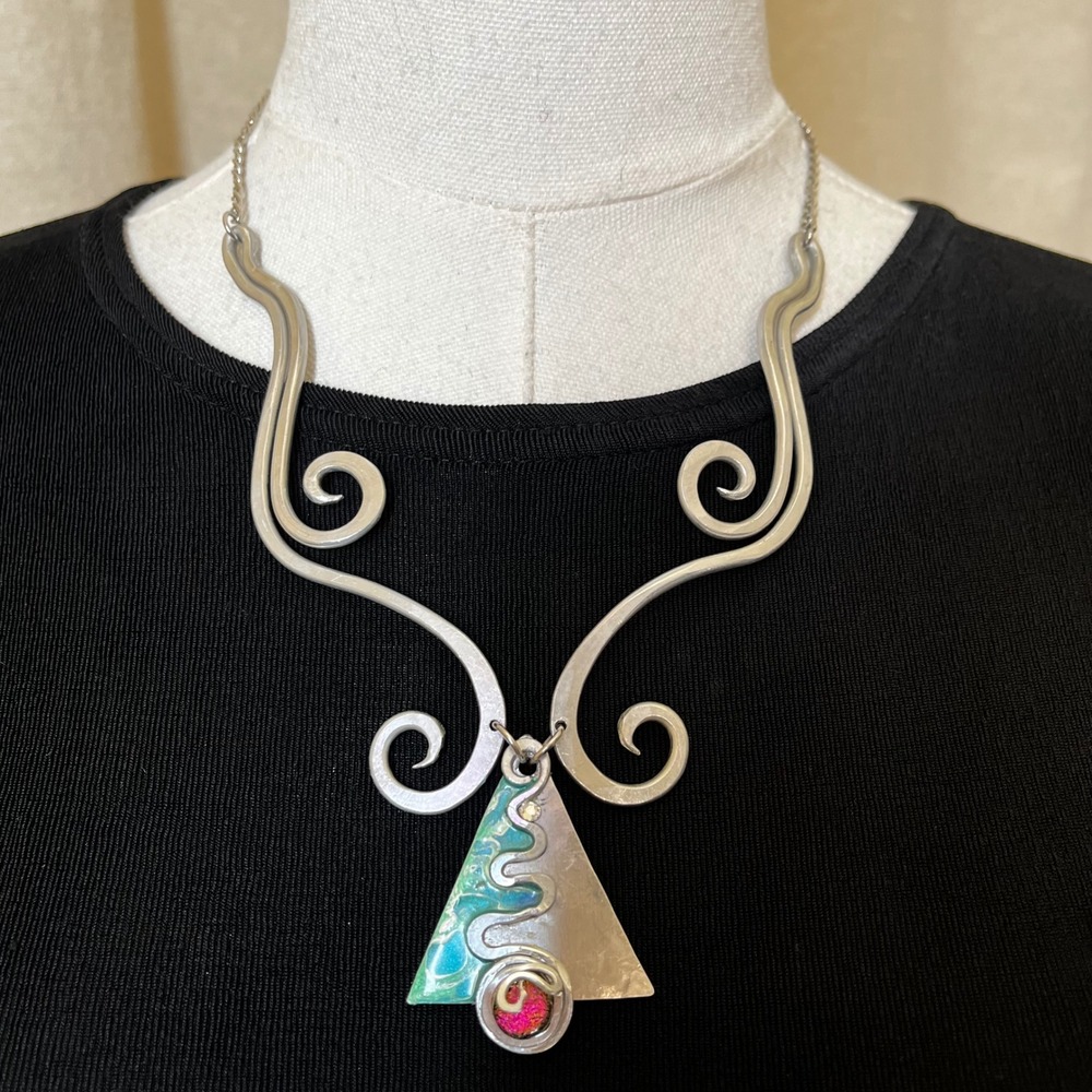Vintage Signed Sculptural Artisan Collar Necklace Mixed Metal Glass 20"